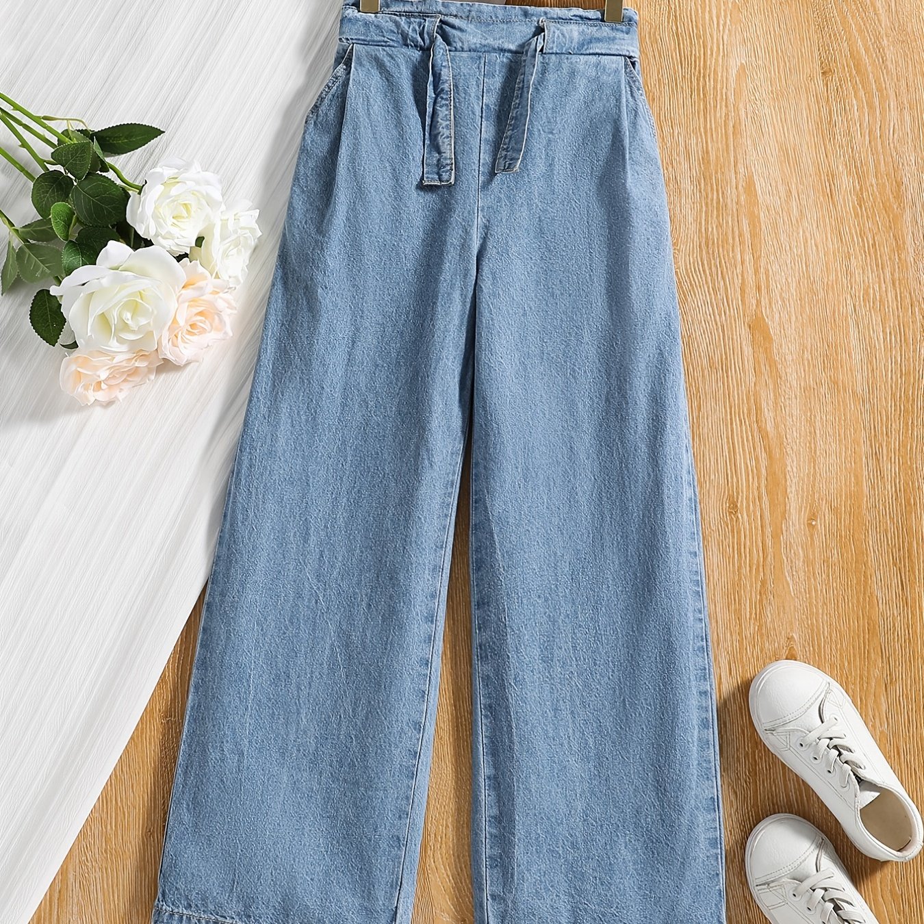 Kid Girls' Tie Waist Wide Leg Denim Trousers for Outwear