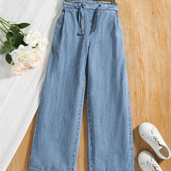 Kid Girls' Tie Waist Wide Leg Denim Trousers for Outwear