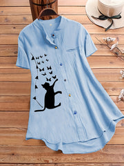 Cat Print Short Sleeve Button Shirt
