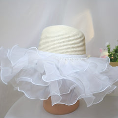 Pearl Decor Straw Sun Hat Ruffles Lace Mesh Beach Hat for Women