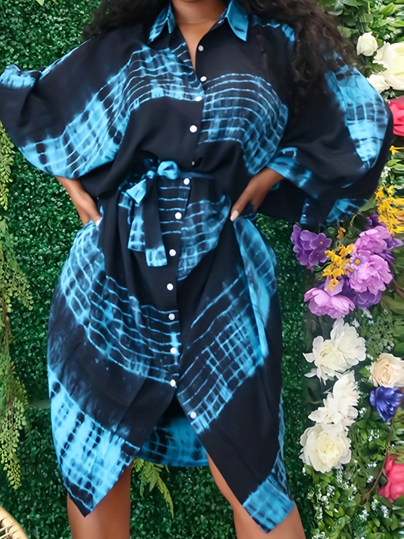 Tie Dye Button Up Bat Sleeve Shirt Dress With Belt