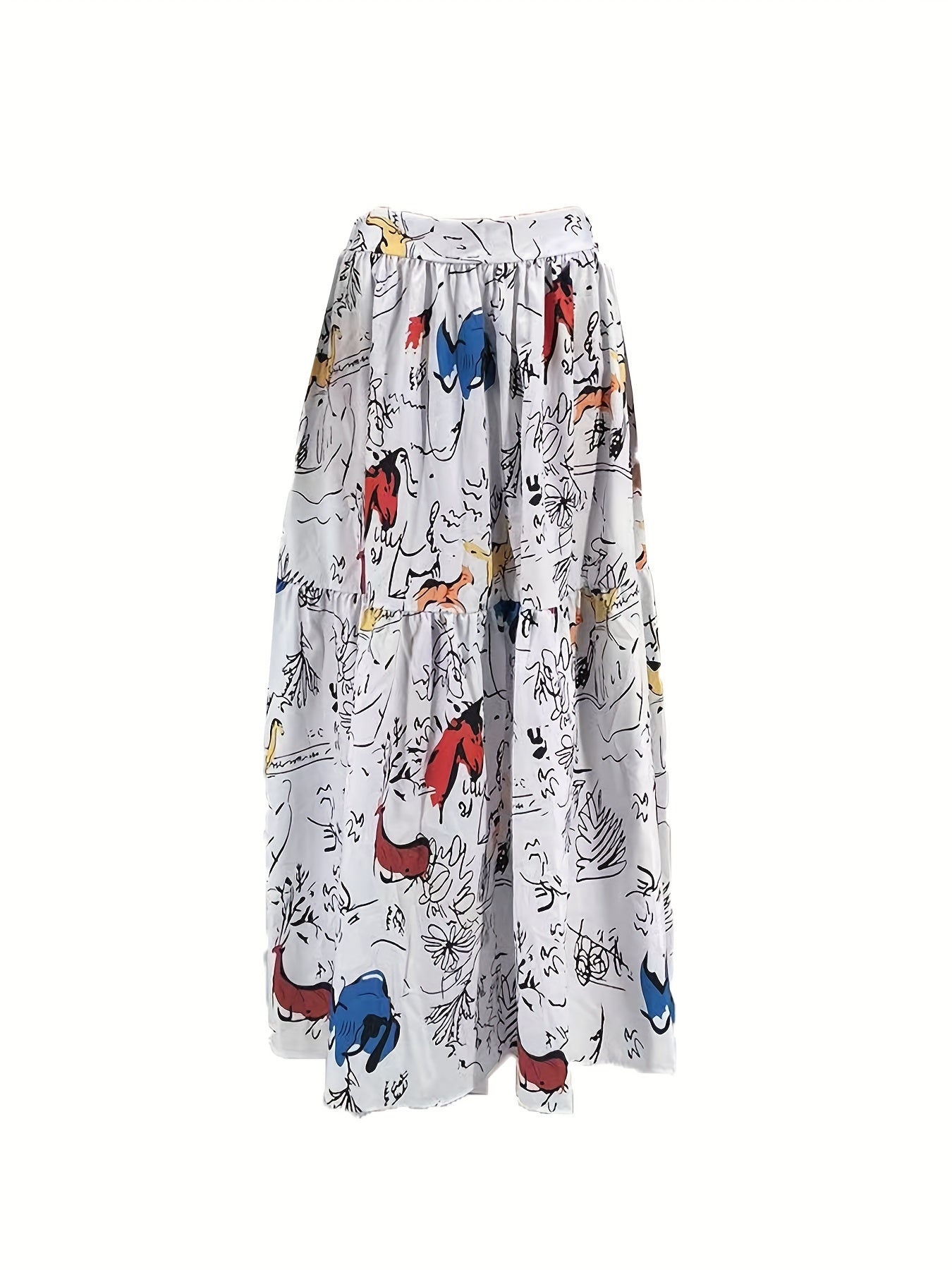 Graffiti Print High Waist Skirt Casual Ruched Maxi Skirt