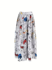 Graffiti Print High Waist Skirt Casual Ruched Maxi Skirt