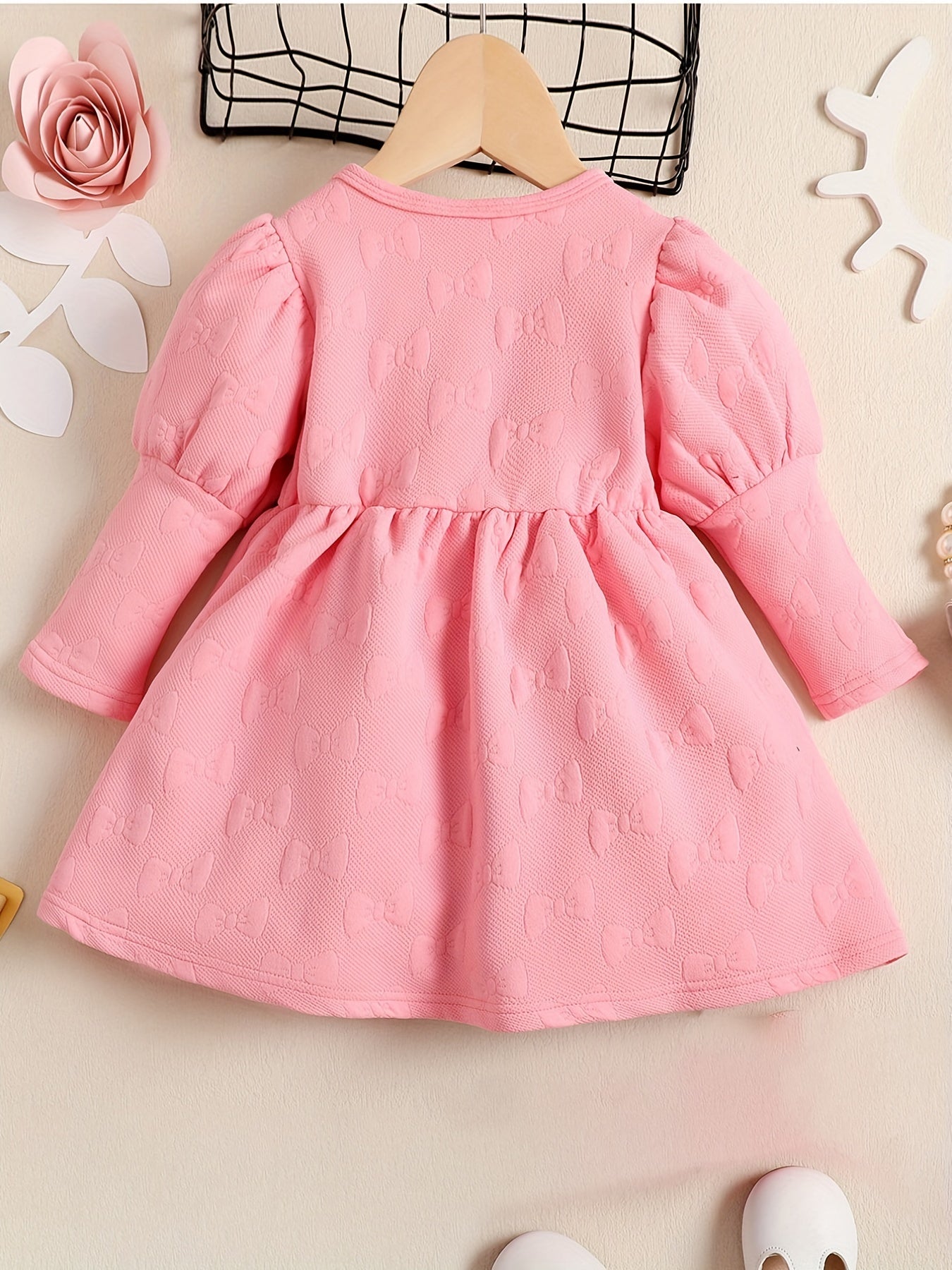 Girls' Bows Textured Puff Long Sleeve Princess Dress