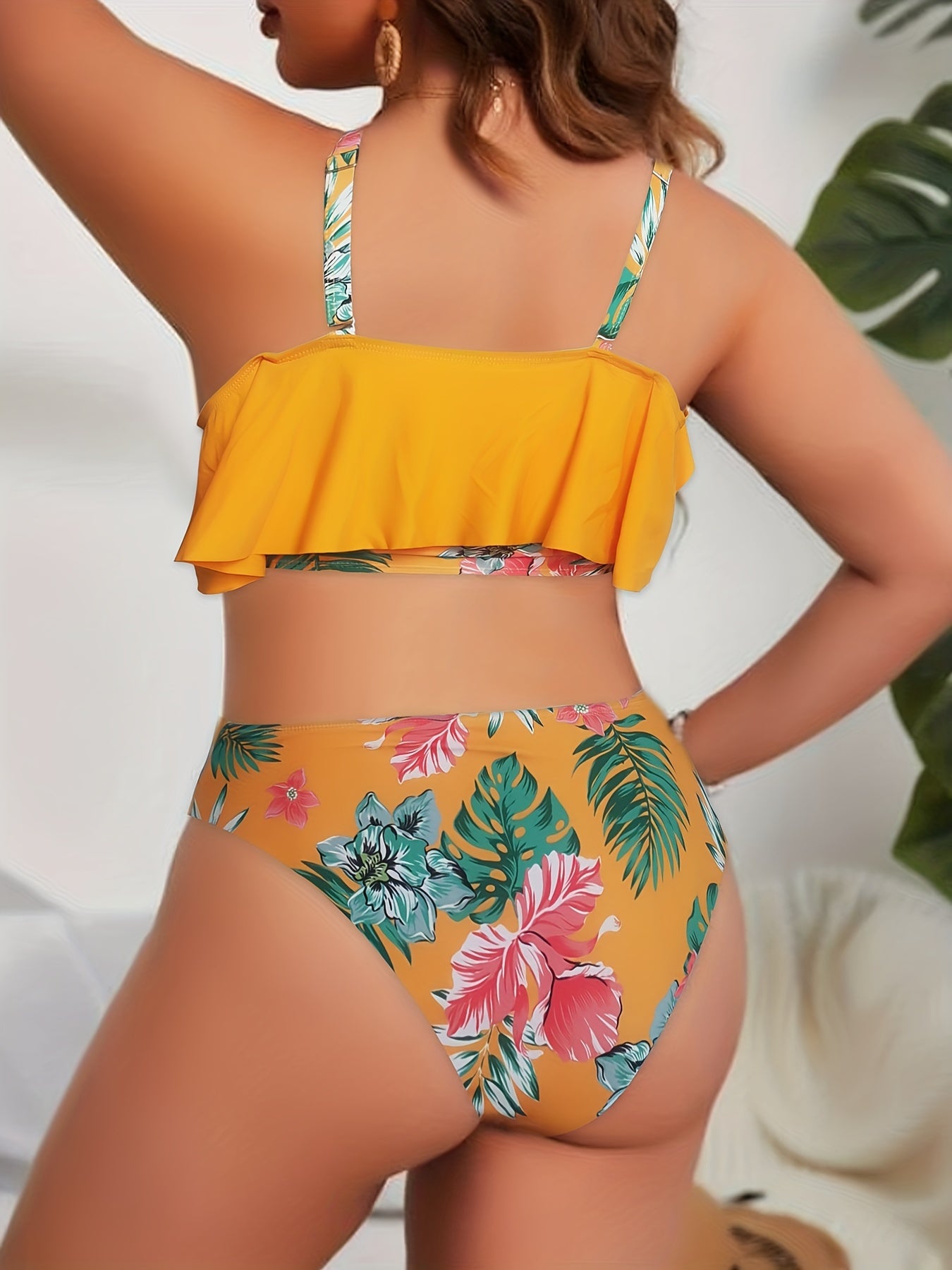 Casual Bikini Set Tropical Print Ruffle Trim Swimsuit 2 Piece Set