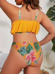 Casual Bikini Set Tropical Print Ruffle Trim Swimsuit 2 Piece Set