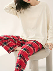 Soft Pajama Set Long Sleeve Top & Plaid Pants Women's Sleepwear