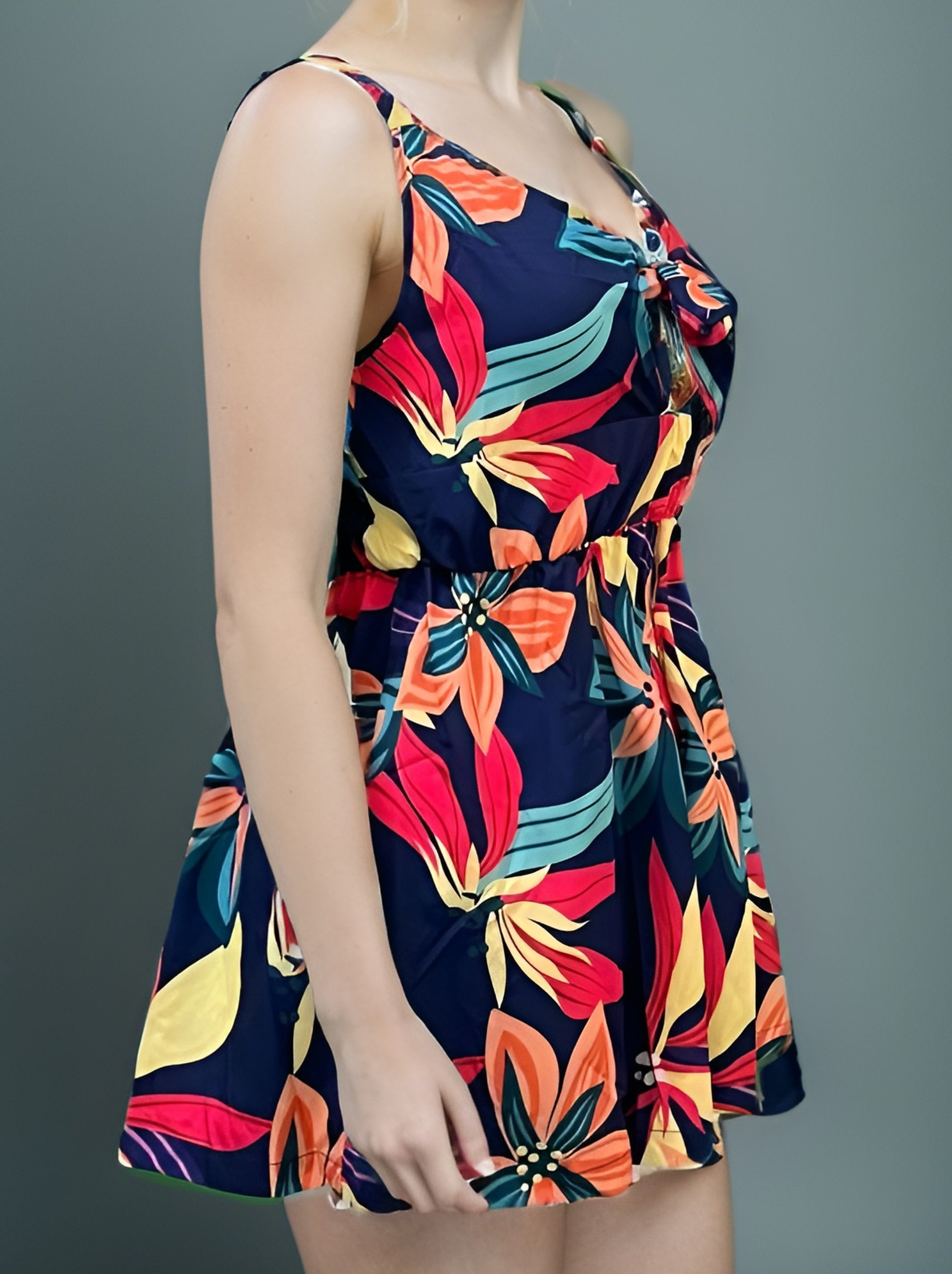 Tropical Print Knot V Neck Romper