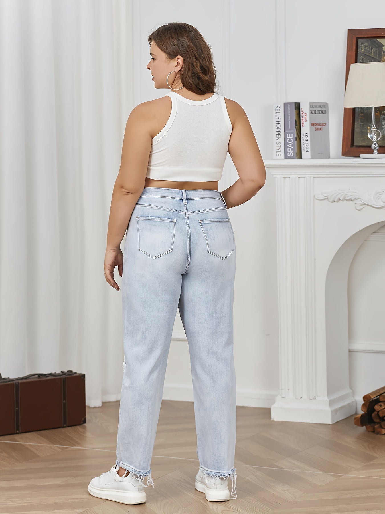 Casual Jeans Women's Plus Ripped Trim Button Fly Jeans