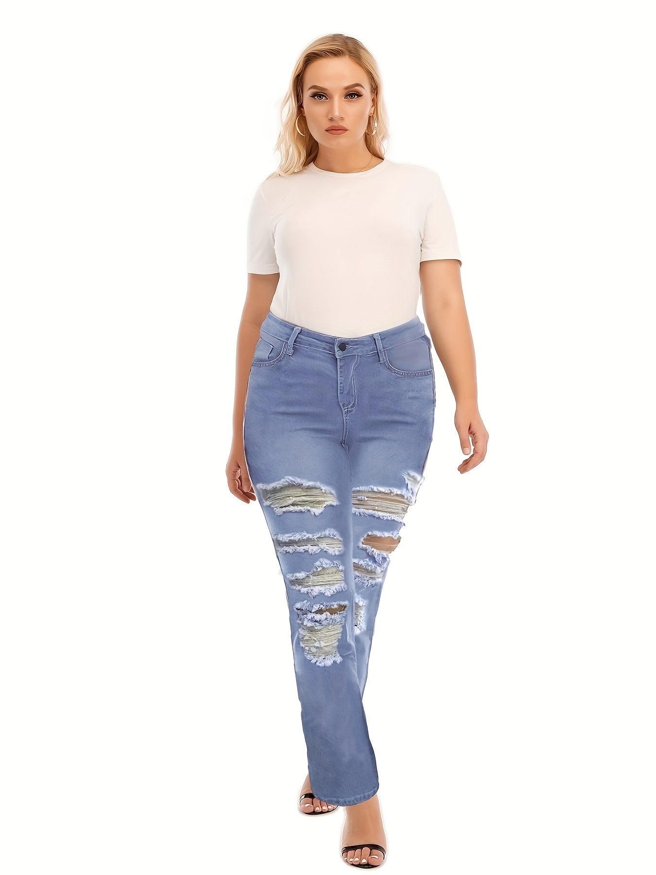 Women's Plus Washed Ripped High Stretch Jeans