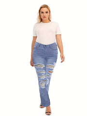 Women's Plus Washed Ripped High Stretch Jeans