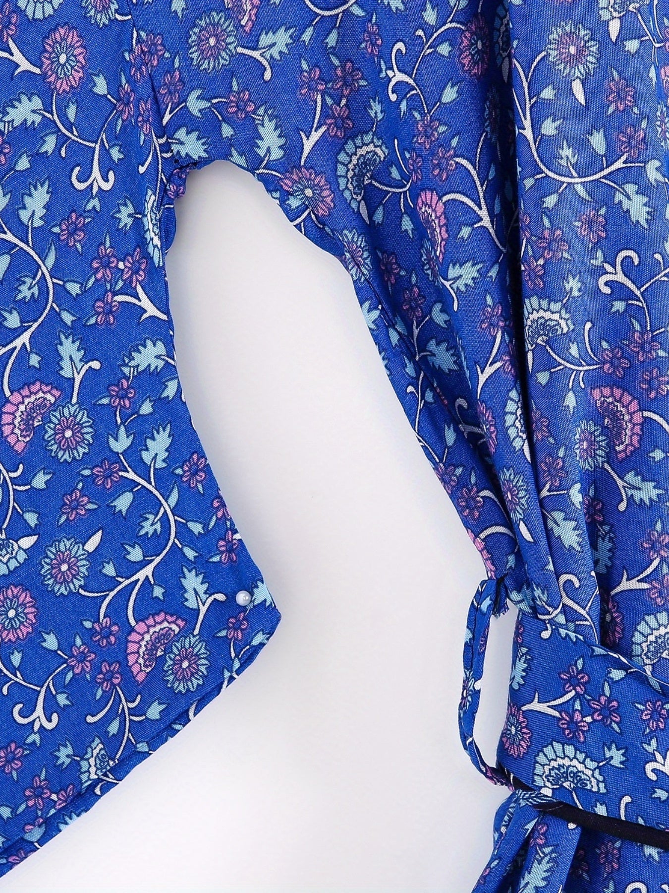 Floral Print Boho Style Cover Up Kaftan Long Sleeve Tie Belt Vacation