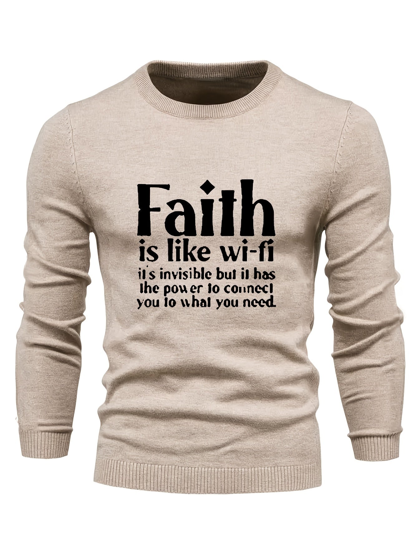 FAITH Retro Style Print Sweater Men's Casual Crew Neck Pullover