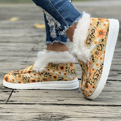 Sunflower & Leopard Print Plush Lined Furry Boat Shoes