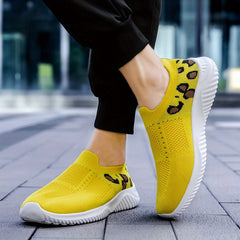 Leopard Print Knit Sock Shoes Lightweight Slip On Sports Running Shoes