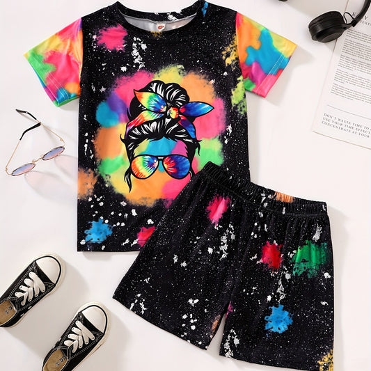 Girls Tie Dyed Portrait Graphic T-Shirt & Shorts Set