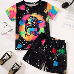 Girls Tie Dyed Portrait Graphic T-Shirt & Shorts Set