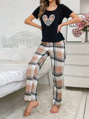 Heart Print Pajama Set Short Sleeve Crew Neck Top & Plaid Pants
