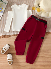 Girl's 2pcs Ribbed Top & Cargo Pants Set Shoulder Cut Out Casual Outfits