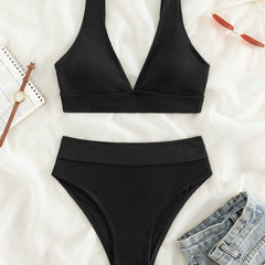 Solid Rib nit High Waist Bikini Swimsuit
