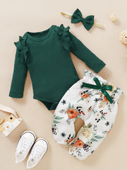 3pcs Baby Girls Bodysuit Onesie & Floral Pants & Headband Set