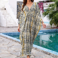 Snake Print Kaftan Dress V Neck Maxi