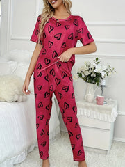 Heart Print Pajamas Sets Short Sleeve Tops & Pants Set Women's Sleepwear