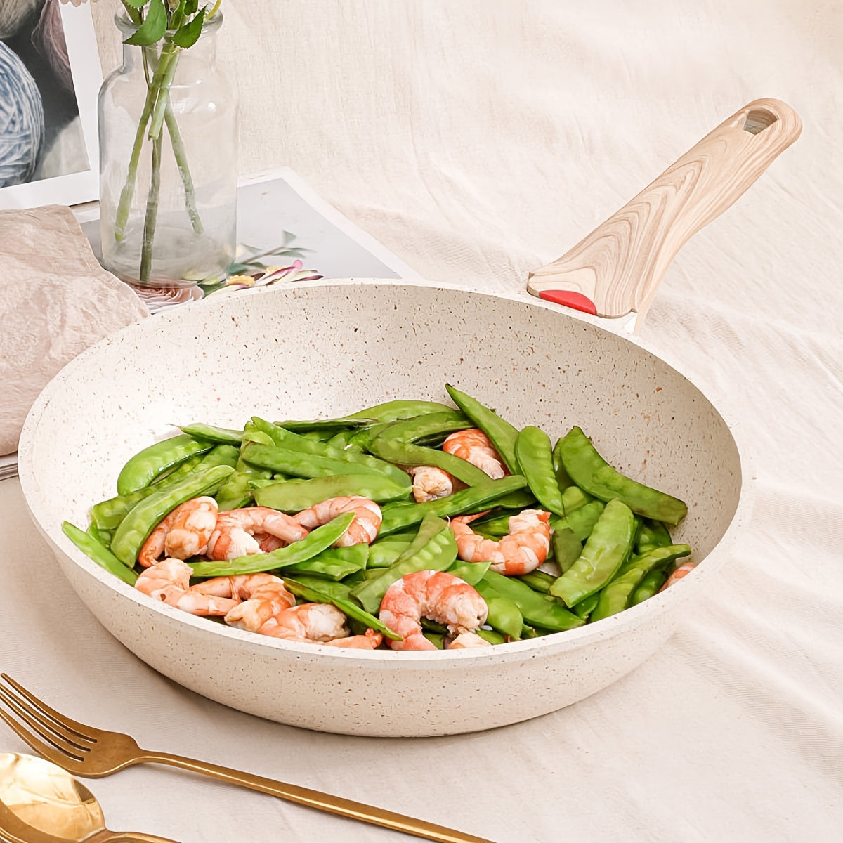 Medical Stone Sauce Pan With Lid Beige Wok Skillet