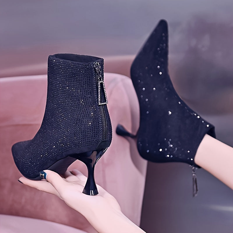 Women's Glitter Rhinestone High Heel Ankle Boots Pointed Toe Short Boots