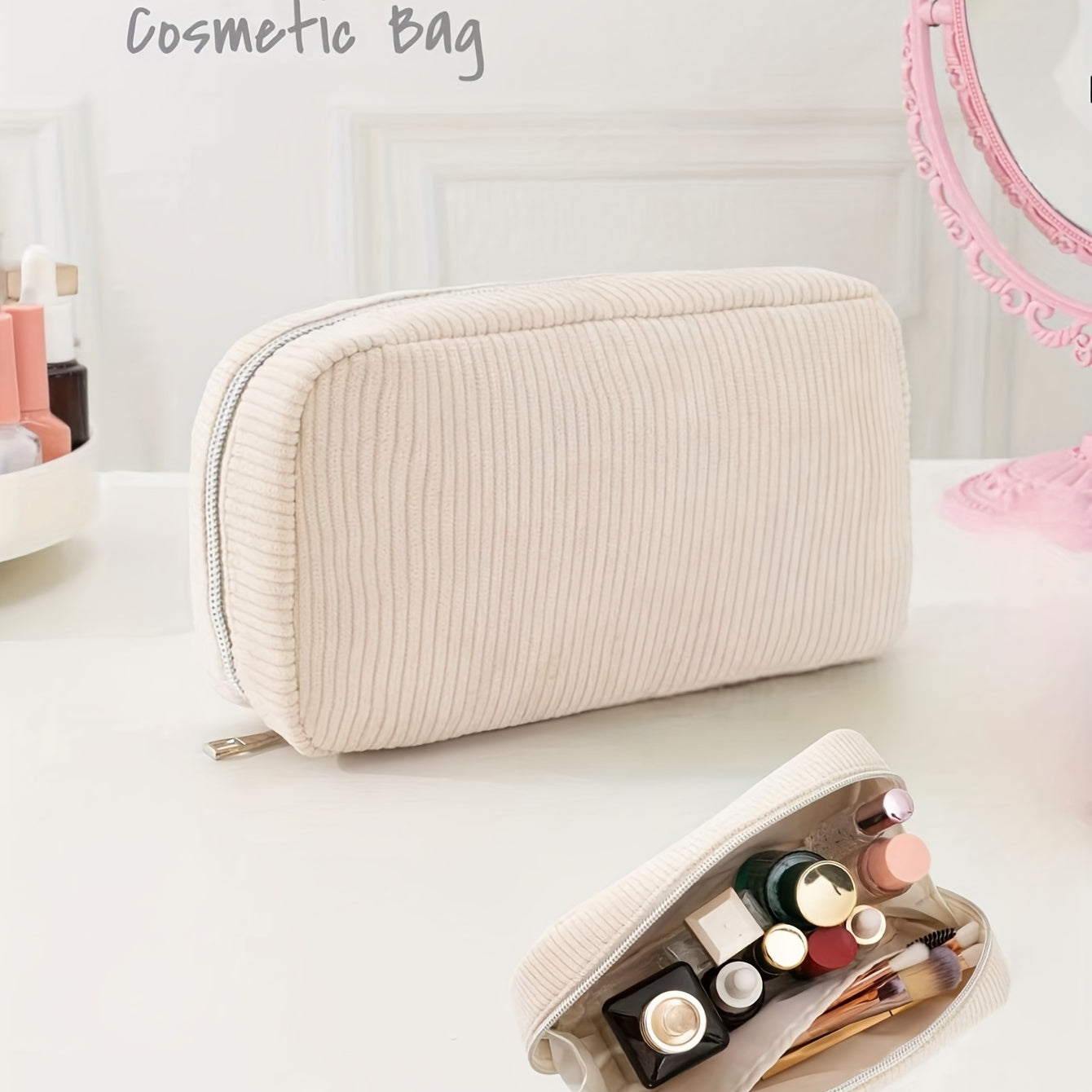 Corduroy Cosmetic Bag w/Silvery Zipper Portable Toiletry Bag