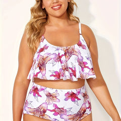 Floral Print Ruffle Trim Tankini Set Plus Size
