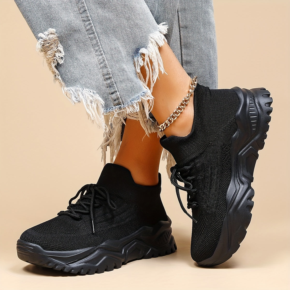 Women's Knit Sock Sneakers Lace Up Running Shoes Non slip Sport Shoes