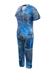 Denim Print V Neck Short Sleeve Jumpsuit With Pockets