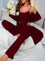 3pc Waffle Pajama Set: Robe, Cami Top, Lace Up Pant