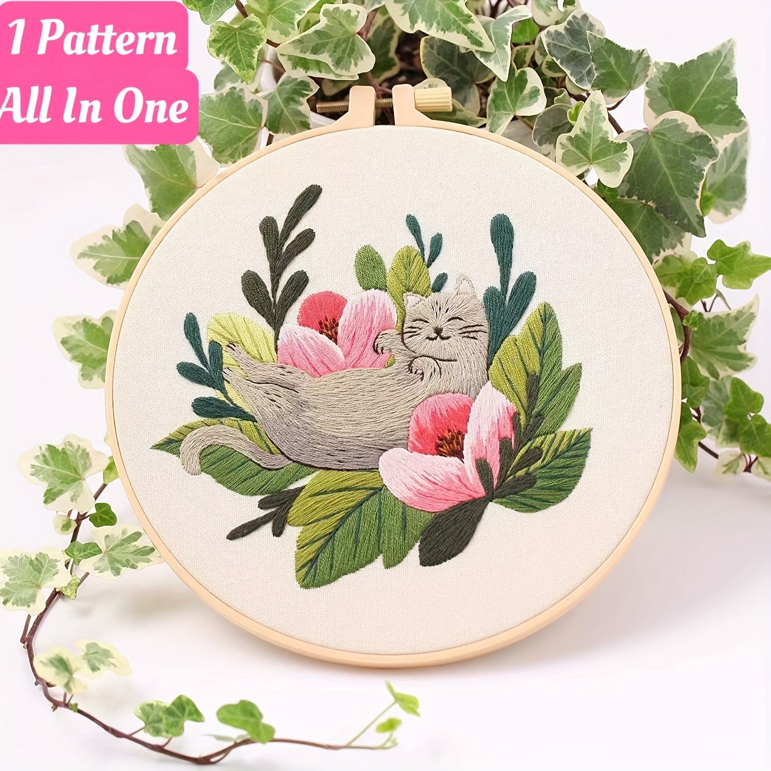 Kitten Embroidery Kit for Beginners - Includes Cloth, Hoop, Needles