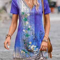 Floral Print V Neck Plus Size Mini Dress