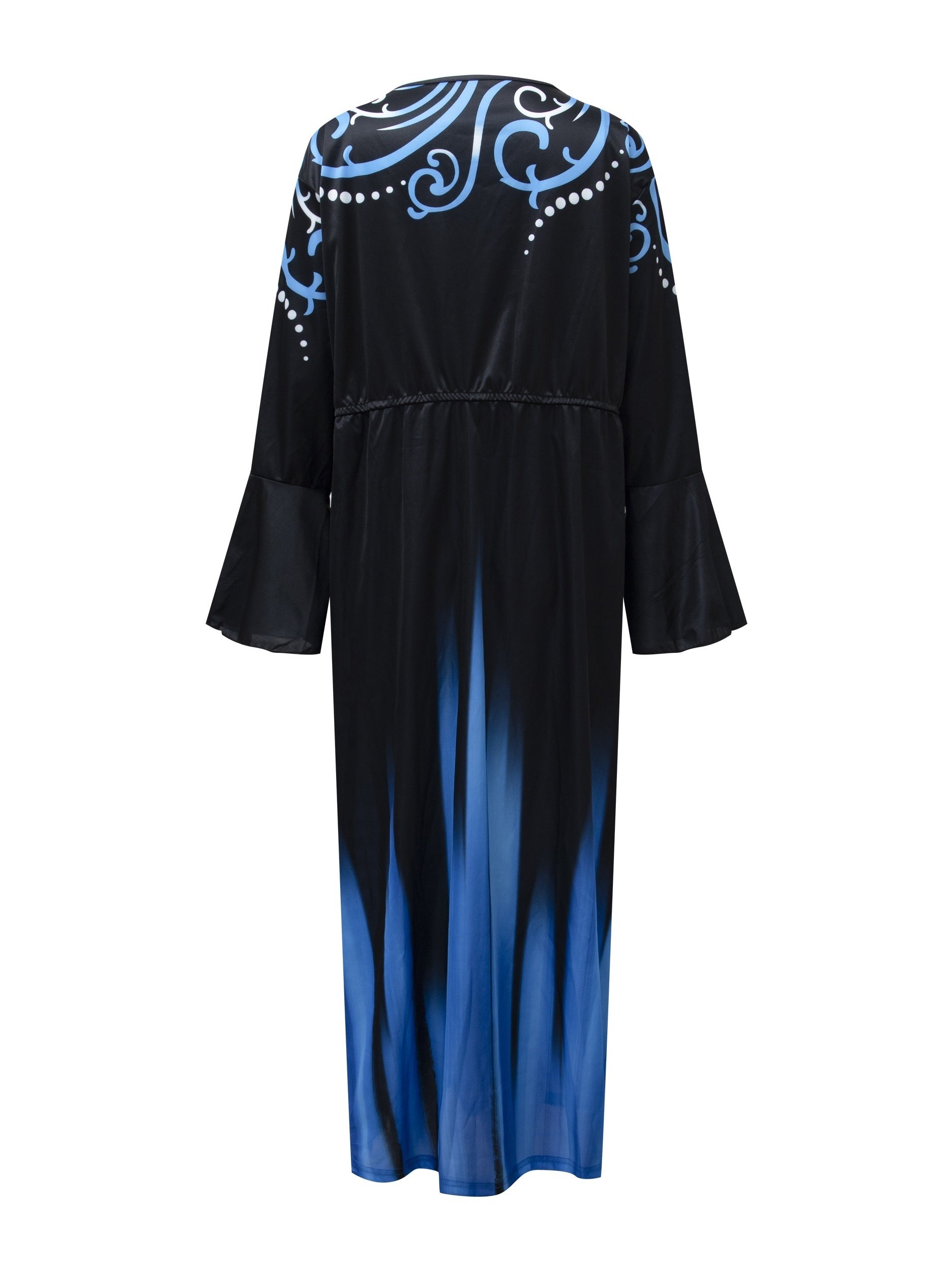 Colorblock Ombre Print Bell Sleeve Round Neck Dress