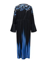 Colorblock Ombre Print Bell Sleeve Round Neck Dress