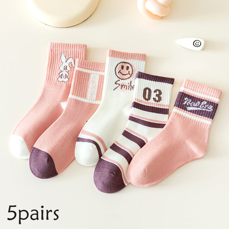 5 Pairs Kids Socks Sweet Cartoon Girls Pink Sports Socks