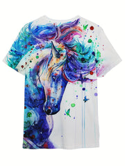 Tie Dye Horse Short Sleeve T-shirt Loose Fit Pullover For Kids
