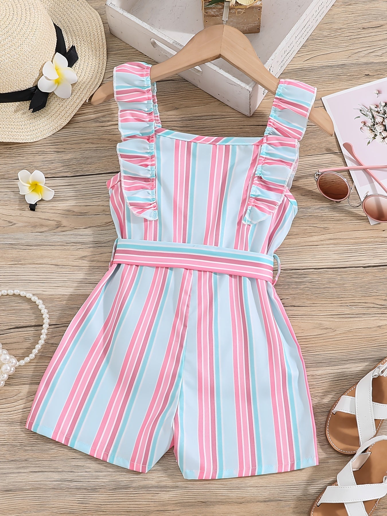 Girls Ruffle Trim Striped Romper with Belt, Summer Jumpsuit