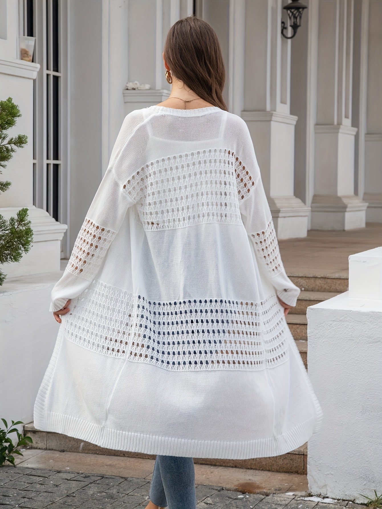 Crochet Cover Up Shirt Long Sleeves V Neck Lace Hollow Out Swimwear