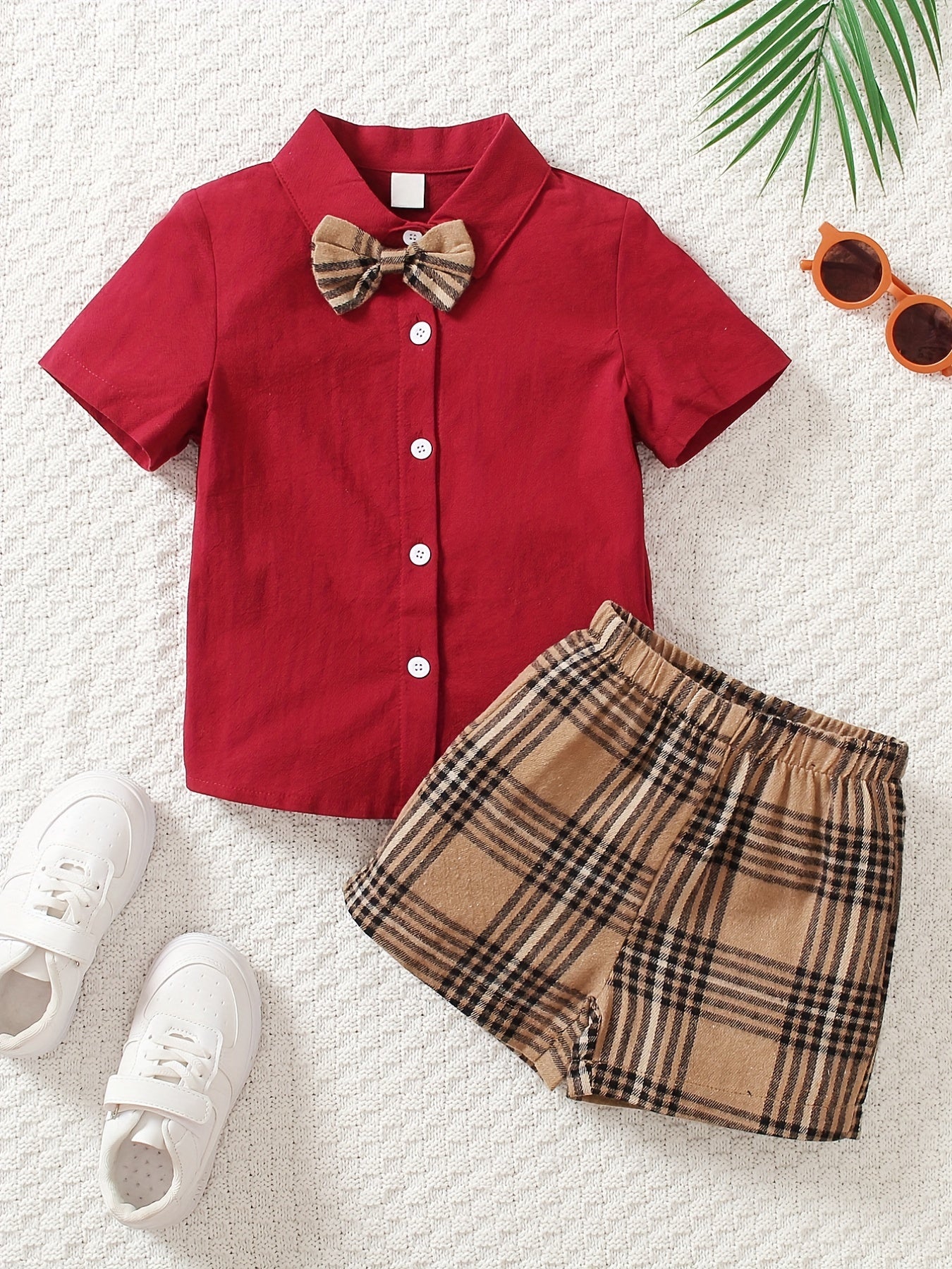Toddler Boy's Gentlemen Bowtie Shirt & Plaid Shorts Set