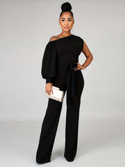 One Shoulder Jumpsuit Long Sleeve Knot Long Length