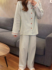Plaid Button Down Pajamas Blouse & Pants Set