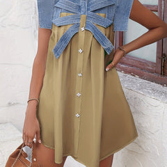 Patchwork Denim Dress Sleeveless Flower Button Women's Clothing