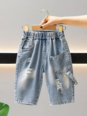 Boys Ripped Denim Jeans Cropped Pants with Pockets