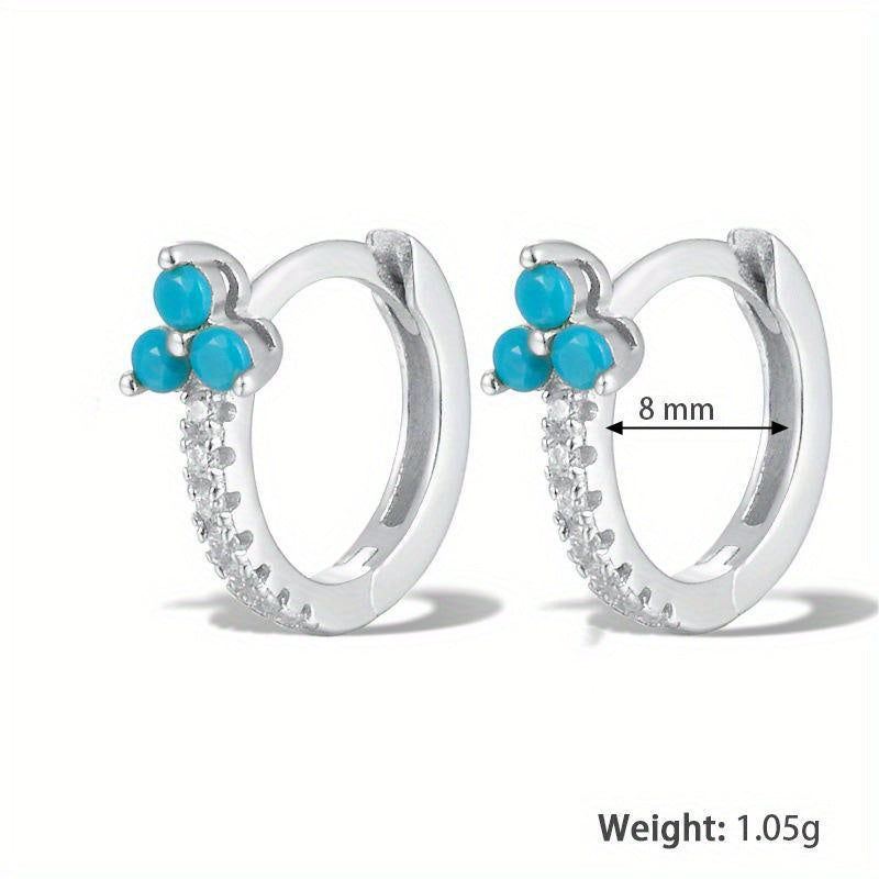 Turquoise Flower Hoop Cuff Earrings S925 Silver for Sensitive Ears