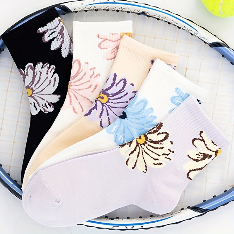5 Floral Print Socks Comfy & Breathable Mid Tube Women's Stockings