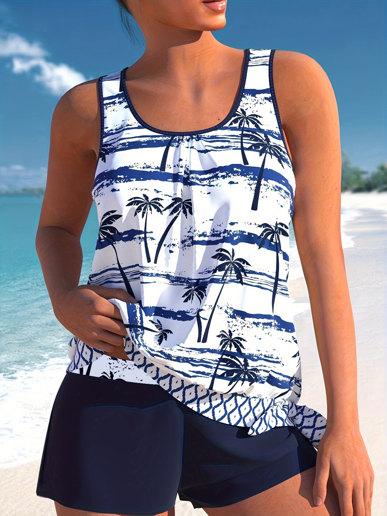 Coconut Tree Print Tankini Set - Knot Side Tank Top & Shorts S